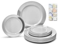 " OCCASIONS" 120 Plates Pack,(60 Guests) Heavyweight Premium Wedding Party Disposable Plastic Plates Set -60 x 10.5'' Dinner + 60 x 7.5'' Salad/Dessert (Diamond White/Silver)
