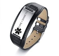 VNOX Medical Alert Type 1 Diabetes Wide Genuine Leather Stainless Steel Adjustable Bracelet Wristband