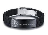 VNOX PENICILLIN Allergy Medical Alert ID Black Silicone Rubber Stainless Steel Adjust Bracelet Wristband for Men