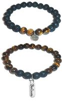 Hidden Hollow Beads Charm Tigers Eye and Black Lava Natural Stone Women's Yoga Beaded Stretch Bracelet Set. Comes in A Gift Box! (Believe)