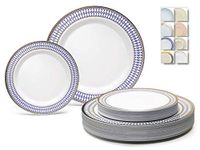 " OCCASIONS" 240 Plates Pack,(120 Guests) Heavyweight Premium Disposable Plastic Plates Set -120 x 10.5'' Dinner + 120 x 7.5'' Salad/Dessert (Odyssey in White/Blue and Gold Rim)