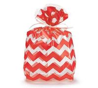Small RED & White Chevron Striped 7x2x3" Cello Party Treat Food Snack Bags (10 ct)