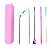 Jeeke Stainless Steel Drinking Straws, Set of 3(8.5''/7.9''/8.5''), Reusable Ultra Long Colorful Drinking Straws with Pipette Spoon and Straw Brush for Smoothie Cold Beverage (Pink-D)