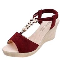 Women's Wedge Sandals Casual Peep Toe Ankle Strap High Platform Shoes Summer Bead Pearls T-String Roman Heeled Sandals (Red, US:7.5)
