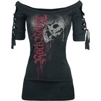 general3 Women Plus Size Tops Fashion Skull Printed Cool Black T-Shirt Hollow Out Sleeve Off Shoulder Slash Neck Slit Blouse (Black, Large)