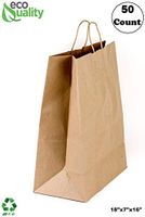 EcoQuality - 18x7x16 inches - 50pcs - X-Large Brown Kraft Paper Bags with Handles, Shopping, Gift Bags, Party, Merchandise, Lunch Bags, Grocery Bags