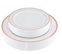 100 Piece Rimmed Premium Disposable Plastic Plates Set 50 pc10.25" Dinner | 50 pc 7.5'' Salad-Dessert Wedding Dinnerware Sets (Rose Gold)