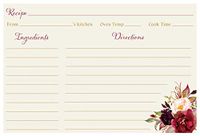 Recipe Cards, Floral, Burgundy Blooms Bridal, Ivory, Burgundy, Painted, Watercolor, Floral, Botanical, Flowers, Recipe Exchange, Bridal Shower, Wedding, 24 Packof Double Sided Printed Recipe Cards