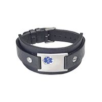 Divoti Rebel Black Genuine Leather Cuff Medical Alert Bracelet for Men (Fits up to 8" Wrists)-Deep Blue