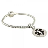 Pan-Dorra PRE-Engraved “Lymphedema Alert Right ARM” Stylish Medical Bracelet - Round Black Charm 8.50