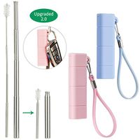 Yoocaa Metal Straws with Case, 2 pack Reusable Collapsible Straws, Foldable Pocket Straw with Cleaning Brushes & Key Chains, Pink & Blue