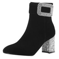 Kauneus Womens Suede Pointed Toe Ankle Booties Rhinestone Luxury Dress Shoes Temperament High Heel Short Boot Black