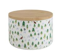 Creative Co-Op 5 Inch Round Stoneware Canister with Bamboo Lid, Trees & Rabbits