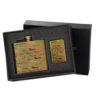 Floral Daschund Dog - Gold Lighter and Pocket Hip Liquor Flask Survival Camping Gift Box Set