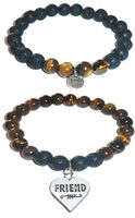 Hidden Hollow Beads Charm Tigers Eye and Black Lava Natural Stone Women's Yoga Beaded Stretch Bracelet Set. Comes in A Gift Box! (Friends)