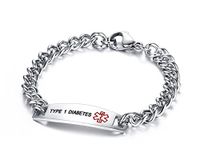 TYPE 1 DIABETES-Stainless Steel Curb Chain Medical Alert ID Idenfication Bracelets for Men, 8.3" Black Deep Engraving