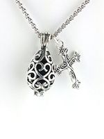 Filigree Teardrop Essential Oil Diffuser Necklace, Small Aromatherapy Necklace with Cross Charm and 18 inch Chain and 3 poms Included.