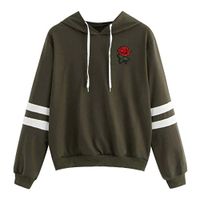 Women Applique Rose Striped Drawst Hoodie Sweatshirt Long Sleeve Pullover Sweatshirt Coats Jumper Crop Pullover Top ZYAPCNGN