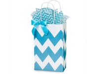 Turquoise Blue & White Chevron Small Shopper Gift Bags - Quantity of 25
