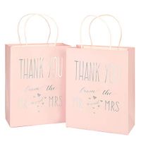 LaRibbons Medium Size Gift Bags - Silver Foil"Mr. and Mrs. Thank You" Pink Paper Bags with Handles for Wedding, Birthday, Baby Shower, Party Favors - 12 Pack - 8" x 4" x 10"