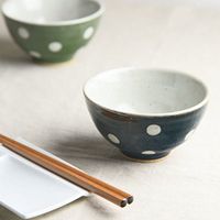 Yamani Pottery Mino Yaki Handmade Round Japanese Rice Bowl Indigo Blue Dot Pattern from Japan