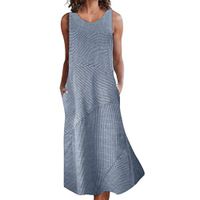 iLUGU Linen Dresses for Women Casual Summer Sleeveless Striped Maxi Dress with Pocket Navy