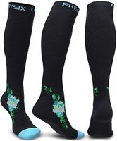 Physix Gear Compression Socks for Men & Women 20-30 mmhg, Best Graduated Athletic Fit for Running Nurses Shin Splints Flight Travel & Maternity Pregnancy - Boost Stamina Circulation - Blue Flower L-XL