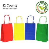 12CT Small Primary Assorted Biodegradable, Food Safe Ink & Paper, Premium Quality Paper (Sturdy & Thicker), Kraft Bag with Colored Sturdy Handle