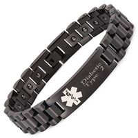 Wollet Stainless Steel Medical Alert ID Stretch Allergy Bracelet Men Women with Magnetic Hematite (Black-Diabetic Type 2, 19.7-21.2cm)