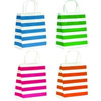36-Count Stripes Kraft Bags - Premium Paper Bags with Handles, Biodegradable & Sturdy, Food Safe Shopping Bag, Gift Bag (Neon, 36 Ct Medium)