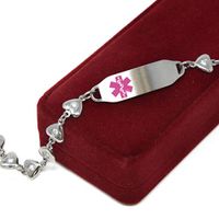 Medical Alert Bracelet for Women with Free Custom Engraving, Steel Heart-Link Chain CZ Stone, Pink Medic ID | Wrist Size 8.5 inch