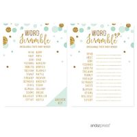 Andaz Press Mint Green Gold Glitter Boy Baby Shower Party Collection, Games, Activities, Decorations, Word Scramble Game Cards, 20-Pack