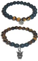 Hidden Hollow Beads Charm Tigers Eye and Black Lava Natural Stone Women's Yoga Beaded Stretch Bracelet Set. Comes in A Gift Box! (Owl)