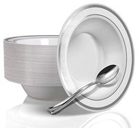 Stock Your Home 12 Oz Fancy Disposable Dinner Bowls for Holidays, Parties, Weddings, Catering, 50 Bowls and 50 Spoons (Silver)