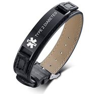 VNOX Type 2 Diabetes Black Stainless Steel Meidcal Alert ID Genuine Leather Adjustable Bracelet,6.7"-8.6"