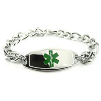 My Identity Doctor - Custom Engraved Mens Medical Alert Bracelet, Steel, Thick Figaro Chain, Green, 8mm - Wrist Size 8 Inch