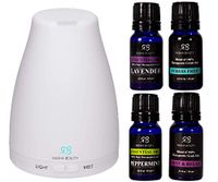 Radha Beauty Spa Set - 120ml Aromatherapy Auto Shut-off 7 LED Color Light Diffuser with Lavender, Peppermint, Essential Oil Blends. 100% Natural Gift Set for Relaxation, Home, Office, Meditation