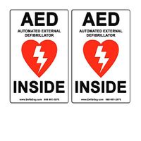 2 Pack of 4" Width x 6" Height, Vinyl, Red and Black on White Weatherproof AED Label,"AED Automated External Defibrillator Inside" by Defib Guy