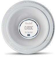 [60 Count - 12 Oz Bowls] Laura Stein Designer Tableware Premium Heavyweight Plastic White Soup Bowl with Silver Border, Party & Wedding Plate Classic Series Disposable Dishes