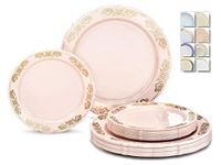 " OCCASIONS " 50 Plates Pack (25 Guests)-Vintage Wedding Party Disposable Plastic Plate Set -25 x 10.25'' Dinner +25 x 7.5'' Salad/dessert plates (Portofino Light Pink & Gold Accents)