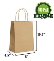 Brown Kraft Paper Gift Bags Bulk with Handles 8 X 4.5 X 10.5 [100Pcs]. Ideal for Shopping, Packaging, Retail, Party, Craft, Gifts, Wedding, Recycled, Business, Goody and Merchandise Bag