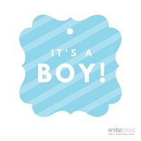 Andaz Press Fancy Frame Square Baby Shower Gift Tags, It's A Boy!, Striped Baby Blue, 24-Pack