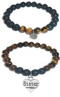 Hidden Hollow Beads Charm Tigers Eye and Black Lava Natural Stone Women's Yoga Beaded Stretch Bracelet Set. Comes in A Gift Box! (Sister)