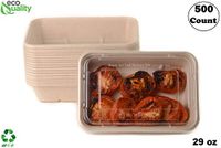 29oz Compostable Eco Friendly Container Trays with Clear Lids [500 PACK] - Rectangular Oblong Tree Free Sugarcane Bagasse Meal Prep Bento Boxes Take Out Catering Microwave Deep Container by EcoQuality