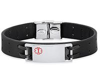 Personalized Free Engraving Quality Genuine Leather Medical Alert ID Bracelet (Black Leather)