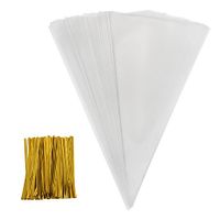 AIRSUNNY 200 Piece Medium Transparent Cone Bags Clear Cello Bags Sweets Treat Bags with 200 Piece Twist Ties, 11.8 by 6.3 Inch (Gold Twist Ties)