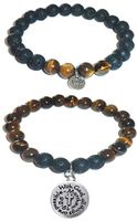 Hidden Hollow Beads Charm Tigers Eye and Black Lava Natural Stone Women's Yoga Beaded Stretch Bracelet Set. Comes in A Gift Box! (with God All Things are Possible)
