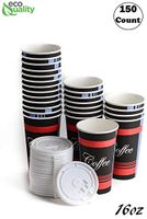 Large 16 oz 150 Count Paper Hot Cups with White Lids by EcoQuality - Classic Durable Disposable Paper Hot Coffee Cups For Hot/Cold Drink, Coffee, Tea, Cocoa, Travel, Office (16 Ounce - 150 Count Cups)