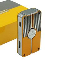 New Flyingqin Metal Cigar Lighter Windproof 3 Blue Jet Flame Cigarette Torch Lighters Butane Gas Lighter Refillable (Yellow)