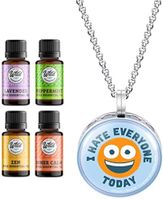 Wild Essentials I Hate Everyone Today Essential Oil Diffuser Necklace Gift Set Aromatherapy Pendant, 24" Stainless Steel Chain, Refill Pads and Pure Oils: Lavender, Peppermint, Inner Calm, Zen